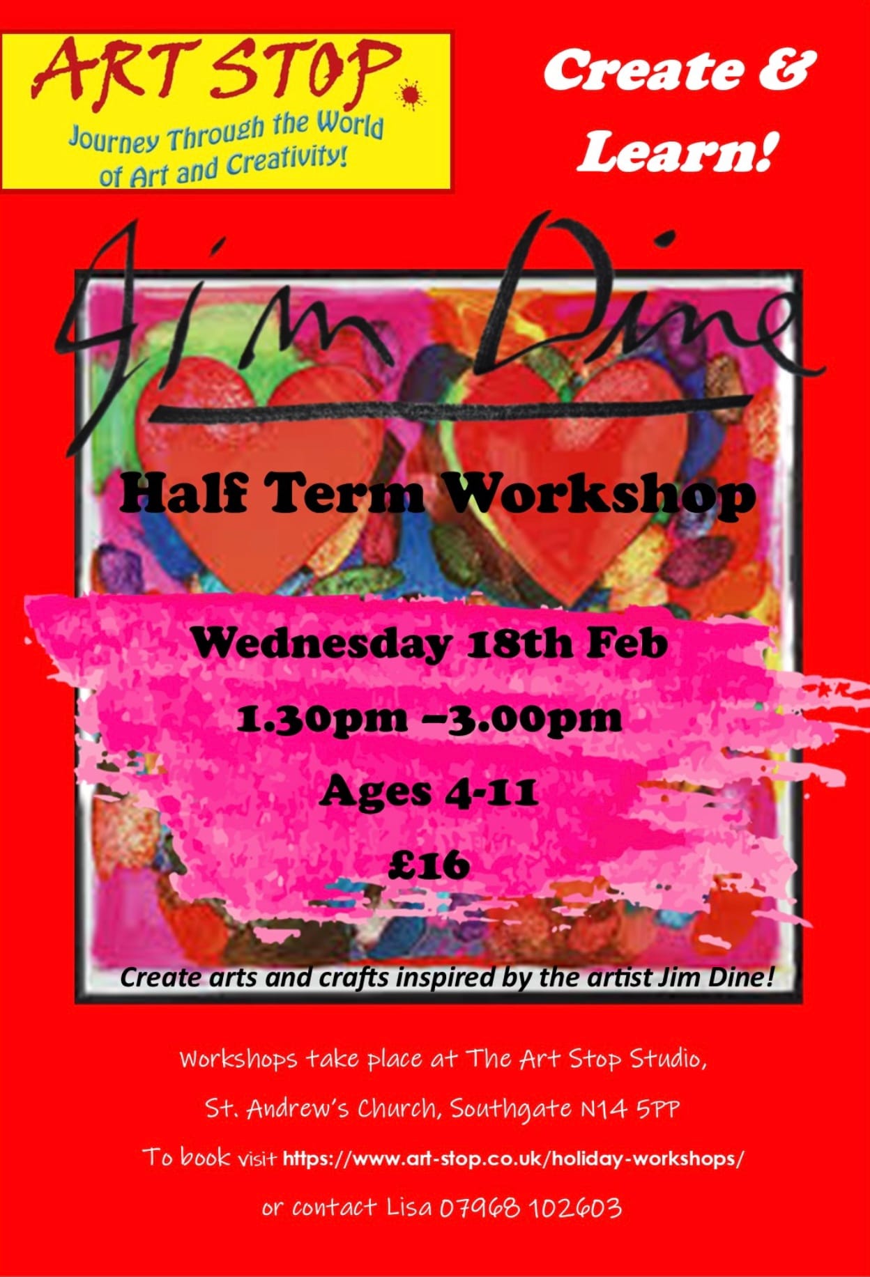 Jim Dine half term workshop!   Wed 18th Feb  1.30pm-3pm